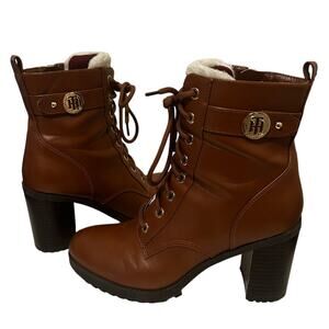 Tommy Hilfiger Women 7.5 Camel Brown Sherpa Heel Boots Essie Lace Up
